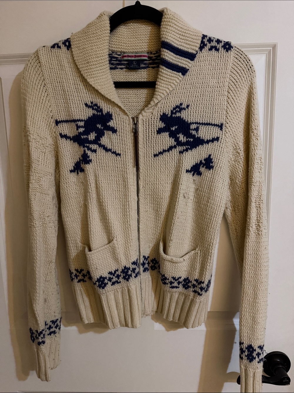 Polo by Ralph Lauren Cream and Navy Ski Motif Shawl Collar Zip Cardigan